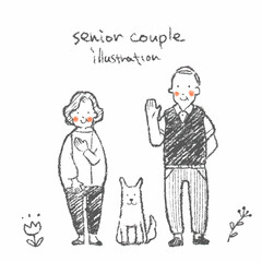 笑顔のシニア夫婦と犬　ナチュラルでお洒落な手描きイラスト
