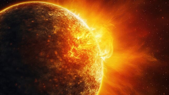 Close-up of sun with solar storm in space. Generative AI.