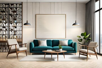 Bright living room interior with beige sofa and wooden lamp standing against the window