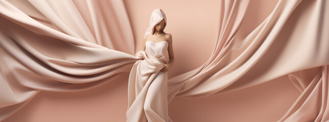 woman fabric background wind fashion beauty dress beige fly flying flowing fluttering. Generative AI.