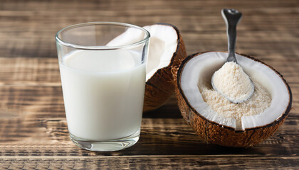 Vegan lactose free milk. Coconut milk in powder and dissolved with water in glass on a wooden...