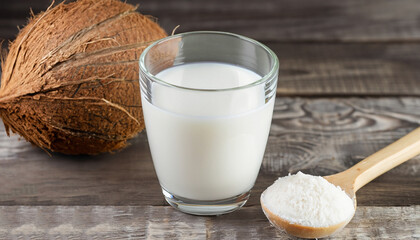 Vegan lactose free milk. Coconut milk in powder and dissolved with water in glass on a wooden...