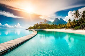 Obraz premium Beautiful tropical beach with white sand, turquoise ocean on background blue sky with clouds on sunny summer day. Palm tree leaned over water