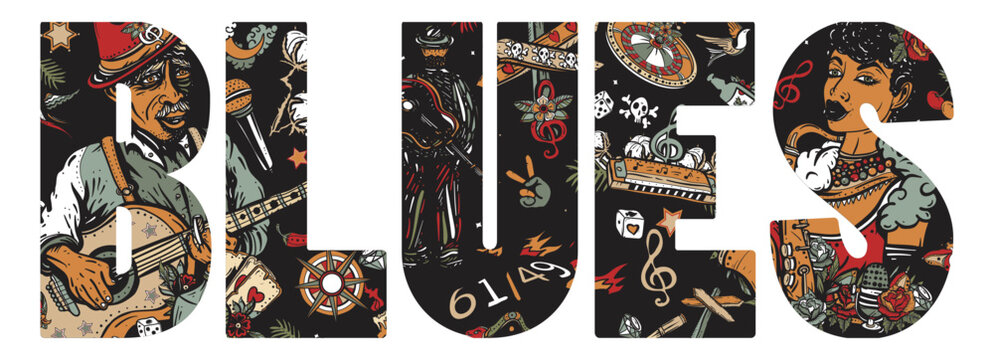 Blues slogan. Old school retro music tattoo vector style. Musical legend, crossroads and devil. Elderly Afro American bluesman playing slide guitar. Beautiful black jazz woman, saxophone