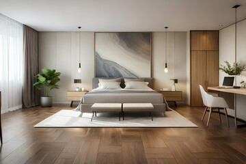 Naklejka na ściany i meble Interior of a cozy modern bedroom in light brown