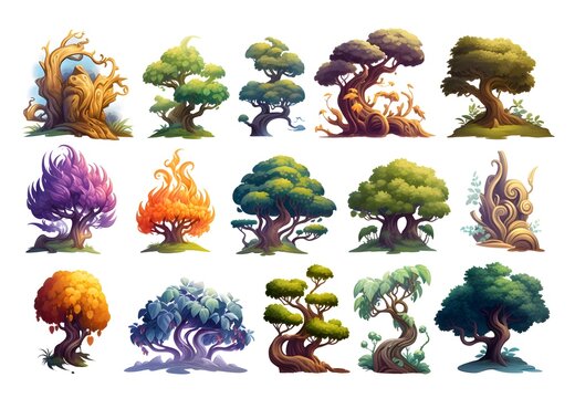 Set of Fantasy tree game elements design isolated on white, created with Generative AI technology