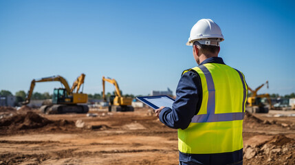 Man looking at tablet at construction site with excavator