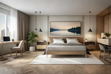 Fototapeta na wymiar Interior of a cozy modern bedroom in light brown