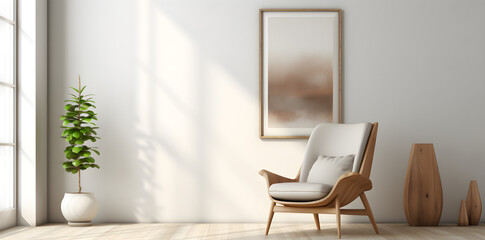 Gray chair in an empty room in the style of photorealistic Scandinavian design created with Generative AI technology