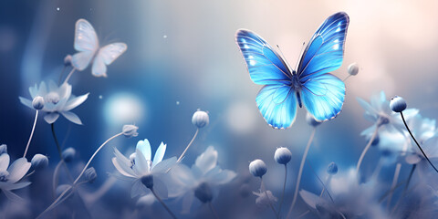 Fototapeta na wymiar Blue butterflies on a blue background, blue butterfly on white flowers,