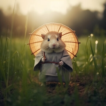 A Chinese hamster with an umbrella in its paws.