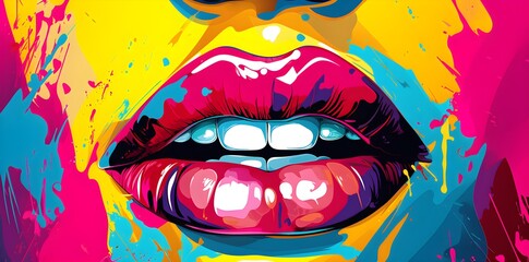 Woman's mouth with colorful lips and a smile in the style of  pop art created with Generative AI technology - obrazy, fototapety, plakaty