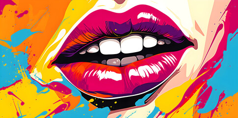 Woman's mouth with colorful lips and a smile in the style of  pop art created with Generative AI technology