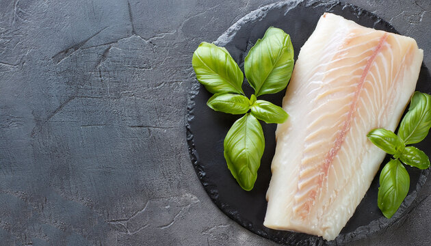 Fresh raw cod fillet with basil on a stone plate, horizontal, copy space, top view