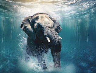 elephant in sea ocean depth, around water waves, sunset apocalyptic sky generative ai