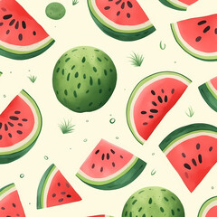 pattern with watermelon slices cartoon style, sempless for print generative ai