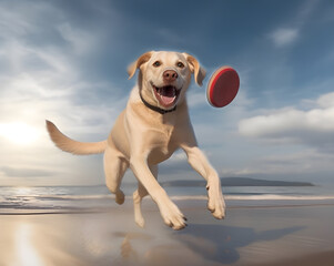 labrador dog with sunglasses on beach running after disk generative ai
