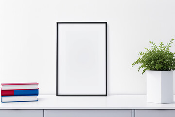 Minimalist White Living Room Design with Blank Picture Frame Mockup. Generative AI.
