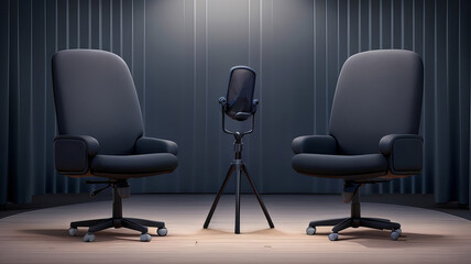 Media Conversations in Podcast or Interview Room: Two Chairs and Microphones Isolated on Dark Background. 