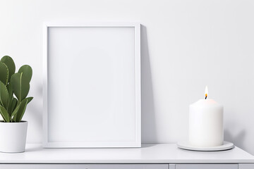 Minimalist White Living Room Design with Blank Picture Frame Mockup. Generative AI.