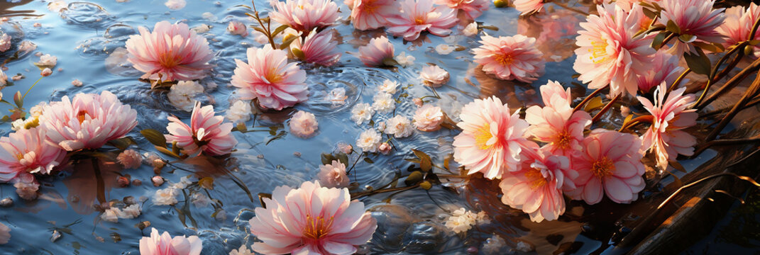 Lovely pink flowers blossom and petals floating in blue water , banner. AI Generated