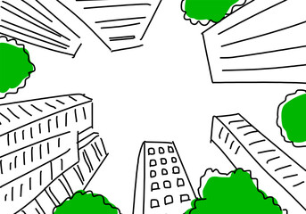 ビルの谷間から高層ビルを見上げるシンプル線画 © RURIBYAKU