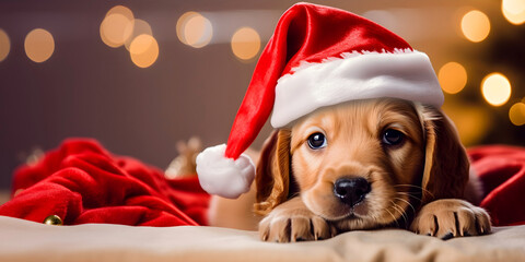 Cute puppy in santa claus hat on christmas background