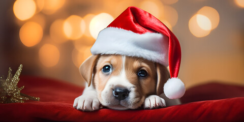 Cute beagle puppy in santa hat on christmas background