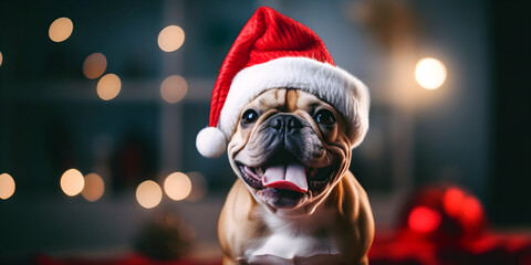Happy bulldog wearing santa claus hat on christmas background