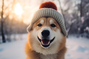 Portrait of a beautiful dog in a warm hat on a background of the winter forest.