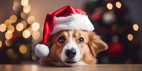 Cute dog in santa hat on background with christmas tree