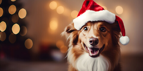 Portrait of happy dog in santa hat on christmas background