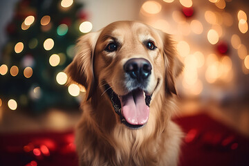Cute golden retriever dog with christmas tree in the background