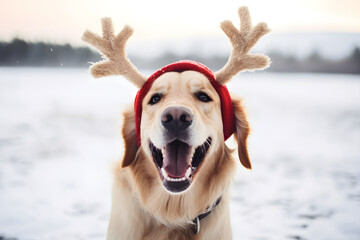 Dog wearing reindeer antlers. Golden Retriever in winter.
