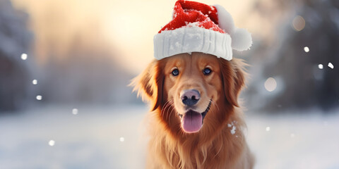 Cute golden retriever dog in red santa hat on snowy background.