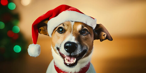 Portrait of cute dog wearing santa claus hat on christmas background