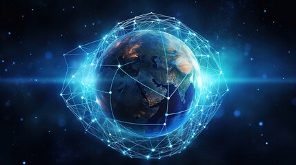 Obraz premium Connection lines around Earth globe, futuristic technology theme background with circles and lines. Concept of internet, generative ai