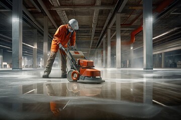 Closeup of janitor cleaning floor with polishing machine indoors. Scrubber machine for stone or parquet floor cleaning 