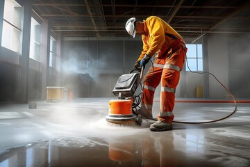 Closeup of janitor cleaning floor with polishing machine indoors. Scrubber machine for stone or parquet floor cleaning 