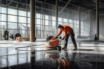 Closeup of janitor cleaning floor with polishing machine indoors. Scrubber machine for stone or parquet floor cleaning 