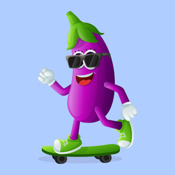 Cute eggplant character skateboarding
