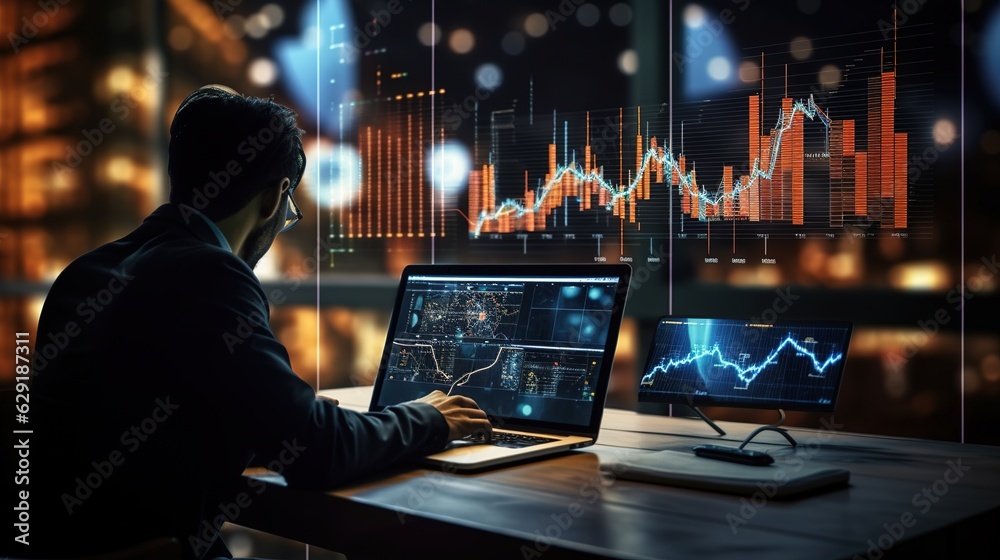 Poster for data business analysis and data management systems, businesspeople use a computer with business 
