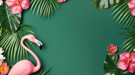 Fototapeta na wymiar Tropical Oasis: Flamingo and Leafy Frame