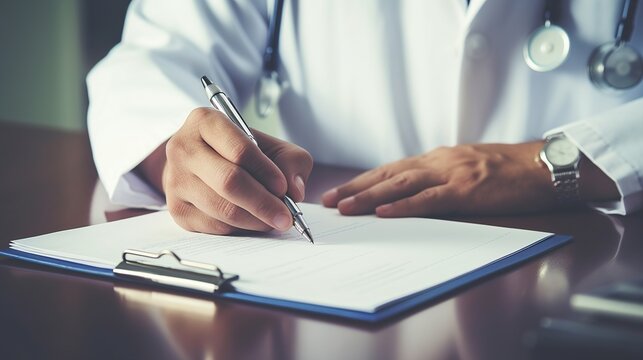 close up of a doctor writing a prescription, generative ai