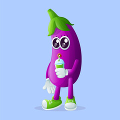 Cute eggplant character drinking a green smoothie with a straw