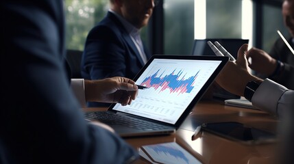 business people pointing at chart on tablet computer when working on financial strategy, generative ai