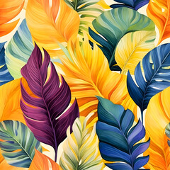 Seamless pattern of various leaf and leaves. Watercolor illustration nature background, yellow color tone