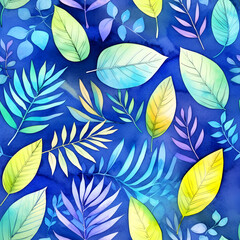Fototapeta na wymiar Seamless pattern of various leaf and leaves. Watercolor illustration nature background, blue color tone