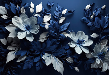 Dark blue with white awesome floral background with abstract leaves 3D, Generative Ai