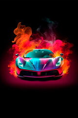 A red sports car emitting colorful smoke. Generative AI